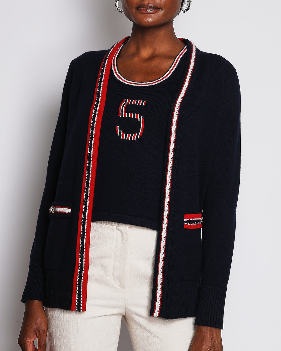 Chanel Navy No5 Cashmere Vest with Matching Cardigan Set Size FR 34/36 (UK 6/8)