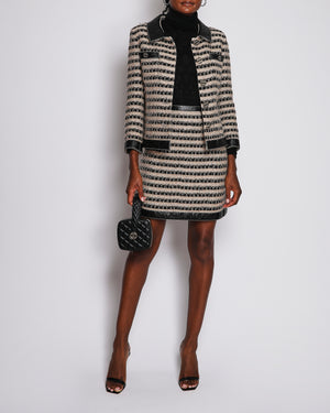 Chanel 19A Paris-New York Métiers d'Art Striped Tweed & Leather Jacket Midi Skirt FR 38 (UK 10)