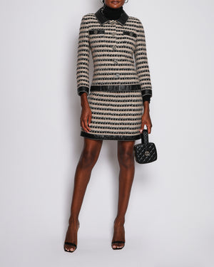 Chanel 19A Paris-New York Métiers d'Art Striped Tweed & Leather Jacket Midi Skirt FR 38 (UK 10)