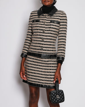 Chanel 19A Paris-New York Métiers d'Art Striped Tweed & Leather Jacket Midi Skirt FR 38 (UK 10)