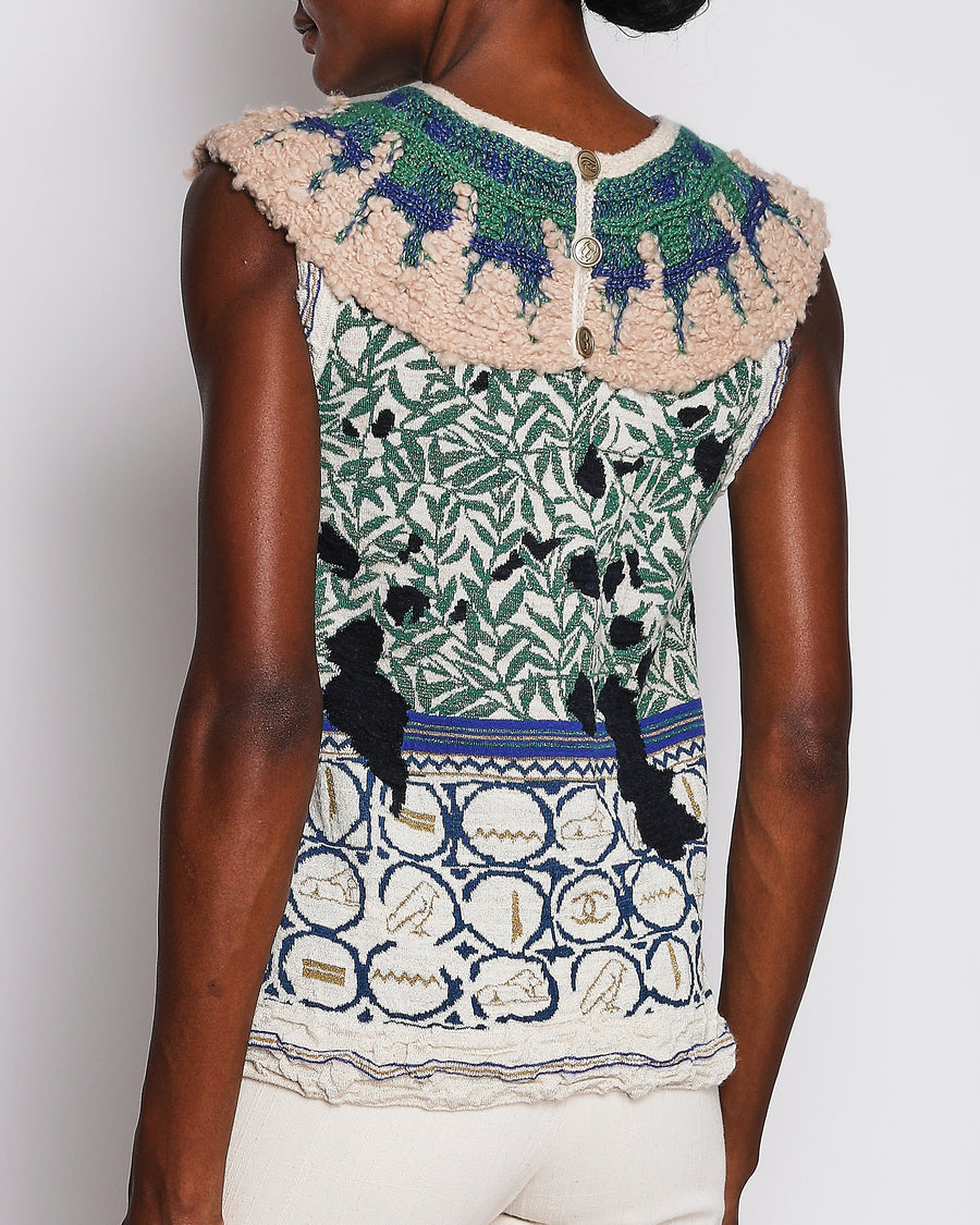 Chanel 19/A Métiers d'Art Green Sleeveless Floral Knitted Jumper Size FR 34 (UK 6)