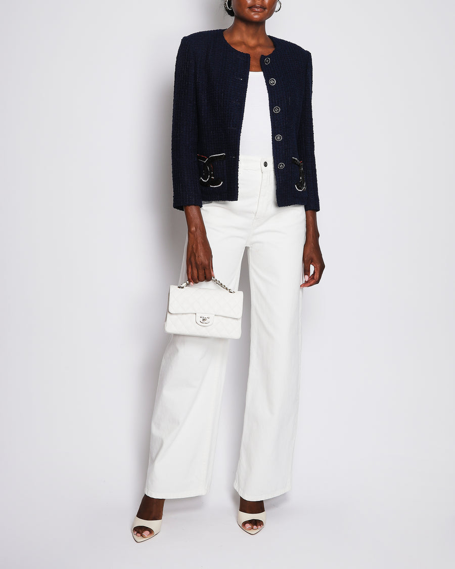 Chanel 24/S Navy Collarless Tweed Jacket with Sequin CC Pocket Detail Size FR 38 (UK 10)