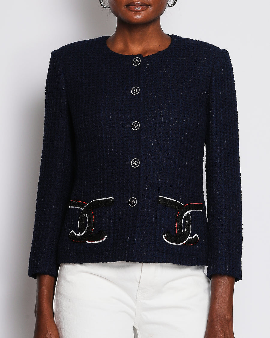 Chanel 24/S Navy Collarless Tweed Jacket with Sequin CC Pocket Detail Size FR 38 (UK 10)