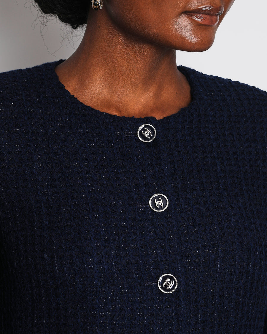 Chanel 24/S Navy Collarless Tweed Jacket with Sequin CC Pocket Detail Size FR 38 (UK 10)