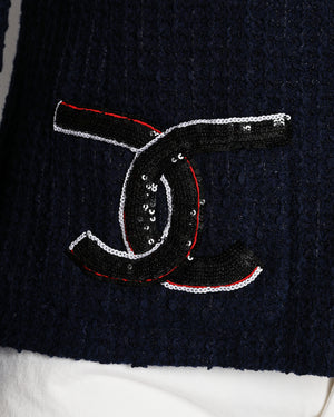 Chanel 24/S Navy Collarless Tweed Jacket with Sequin CC Pocket Detail Size FR 38 (UK 10)
