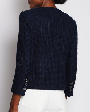 Chanel 24/S Navy Collarless Tweed Jacket with Sequin CC Pocket Detail Size FR 38 (UK 10)