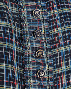 Chanel Navy Checkered Short Sleeve Blouse with CC Button Detail Size FR 36 (UK 8)