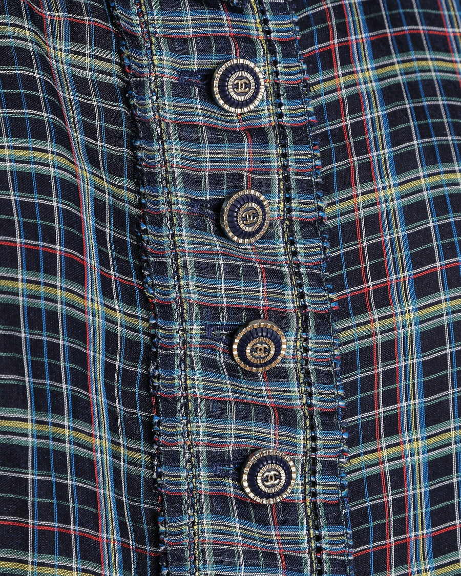 Chanel Navy Checkered Short Sleeve Blouse with CC Button Detail Size FR 36 (UK 8)