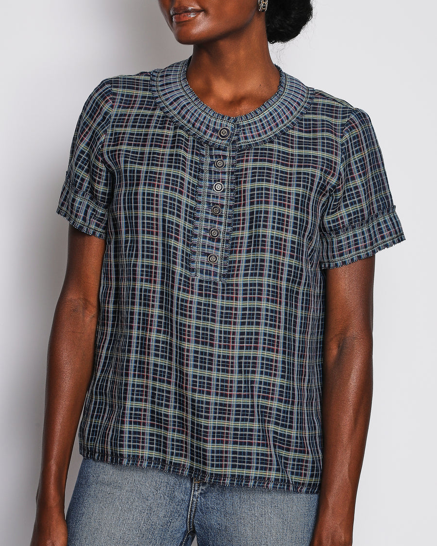 Chanel Navy Checkered Short Sleeve Blouse with CC Button Detail Size FR 36 (UK 8)