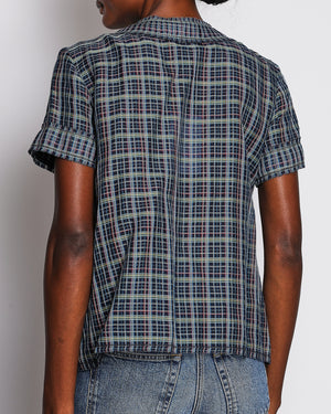 Chanel Navy Checkered Short Sleeve Blouse with CC Button Detail Size FR 36 (UK 8)