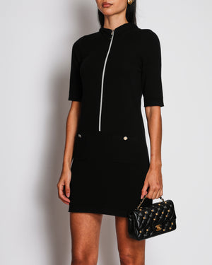 Chanel Cruise 2025 Black Knit Short Sleeve Mini Cashmere Dress with Zipper and Pocket Detail Size FR 38 (UK 10)