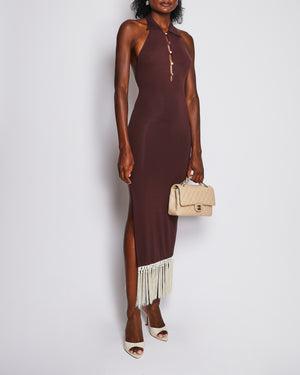Taller Marmo Burgundy Tropicana Collared Midi Dress with Cream Fringe Hem Size XS (UK 6)