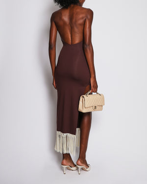 Taller Marmo Burgundy Tropicana Collared Midi Dress with Cream Fringe Hem Size XS (UK 6)