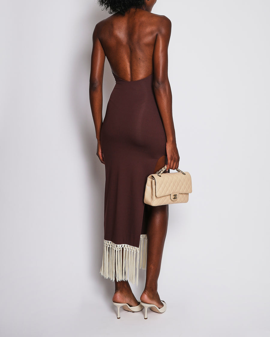 Taller Marmo Burgundy Tropicana Collared Midi Dress with Cream Fringe Hem Size XS (UK 6)