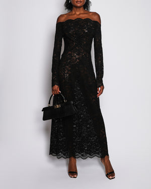 Paco Rabanne Black Off-Shoulder Lace Long Sleeve Maxi Dress Size FR 40 (UK 12)