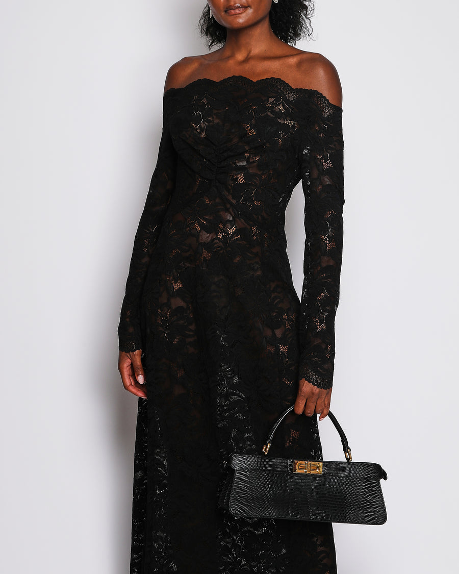 Paco Rabanne Black Off-Shoulder Lace Long Sleeve Maxi Dress Size FR 40 (UK 12)
