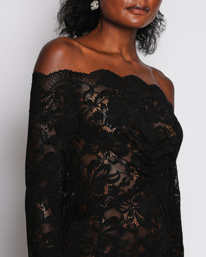 Paco Rabanne Black Off-Shoulder Lace Long Sleeve Maxi Dress Size FR 40 (UK 12)