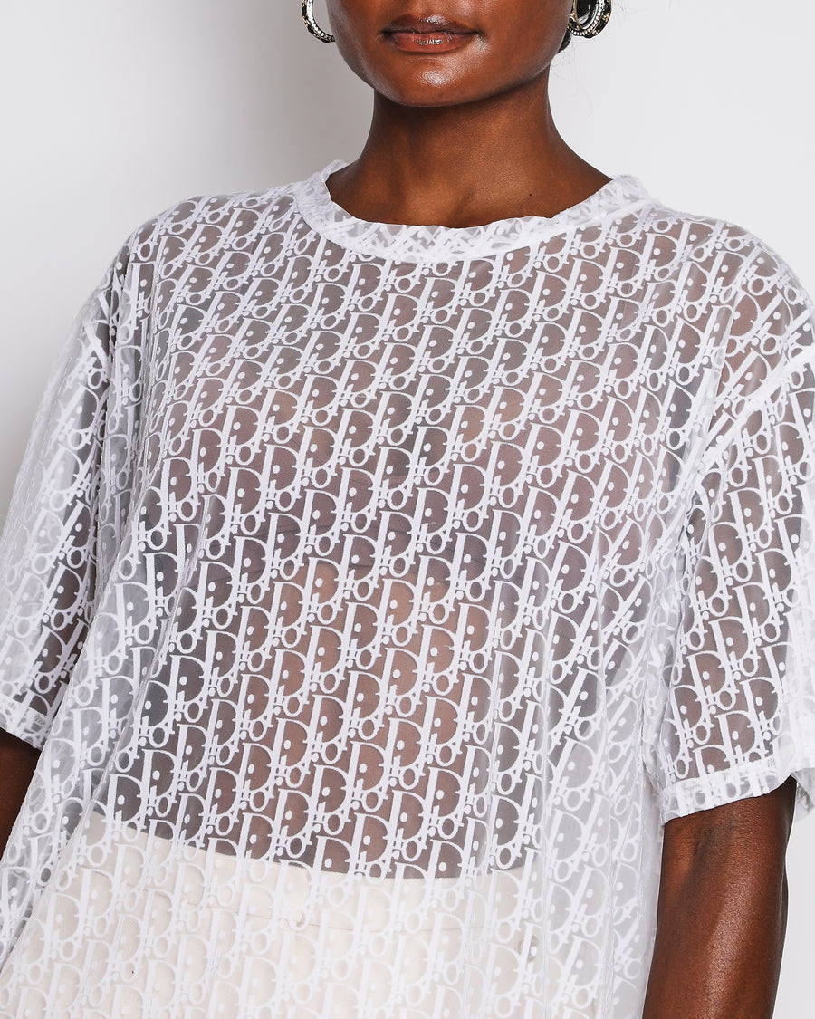 Christian Dior White Sheer Logo Print Short Sleeve T-Shirt Size XL (UK 14) RRP £750
