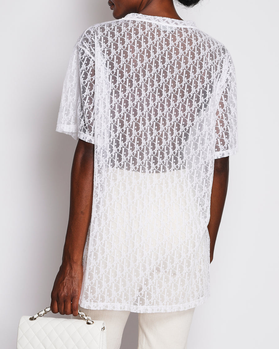 Christian Dior White Sheer Logo Print Short Sleeve T-Shirt Size XL (UK 14) RRP £750