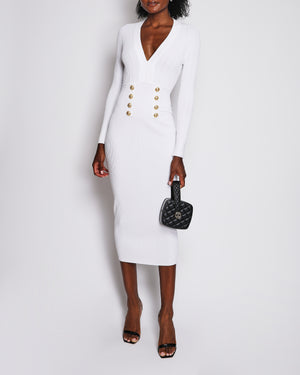 Balmain White Ribbed Long-Sleeve V-Neck Midi Dress with Gold Buttons Size FR 40 (UK 12) RRP £2,000