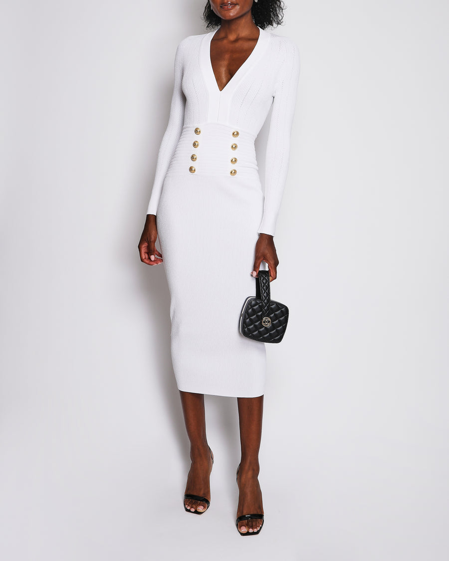 Balmain White Ribbed Long-Sleeve V-Neck Midi Dress with Gold Buttons Size FR 40 (UK 12) RRP £2,000