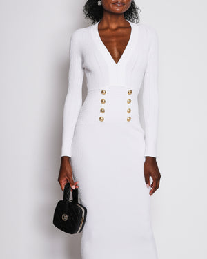 Balmain White Ribbed Long-Sleeve V-Neck Midi Dress with Gold Buttons Size FR 40 (UK 12) RRP £2,000