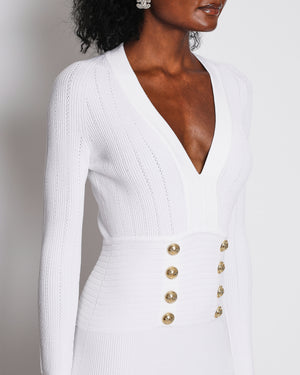 Balmain White Ribbed Long-Sleeve V-Neck Midi Dress with Gold Buttons Size FR 40 (UK 12) RRP £2,000