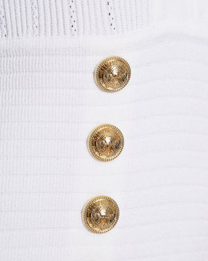 Balmain White Ribbed Long-Sleeve V-Neck Midi Dress with Gold Buttons Size FR 40 (UK 12) RRP £2,000