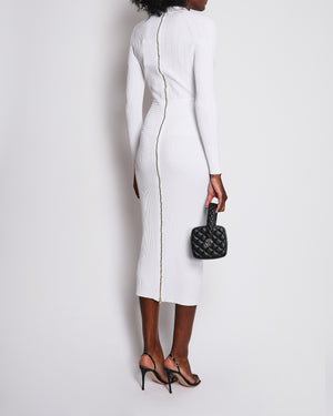 Balmain White Ribbed Long-Sleeve V-Neck Midi Dress with Gold Buttons Size FR 40 (UK 12) RRP £2,000