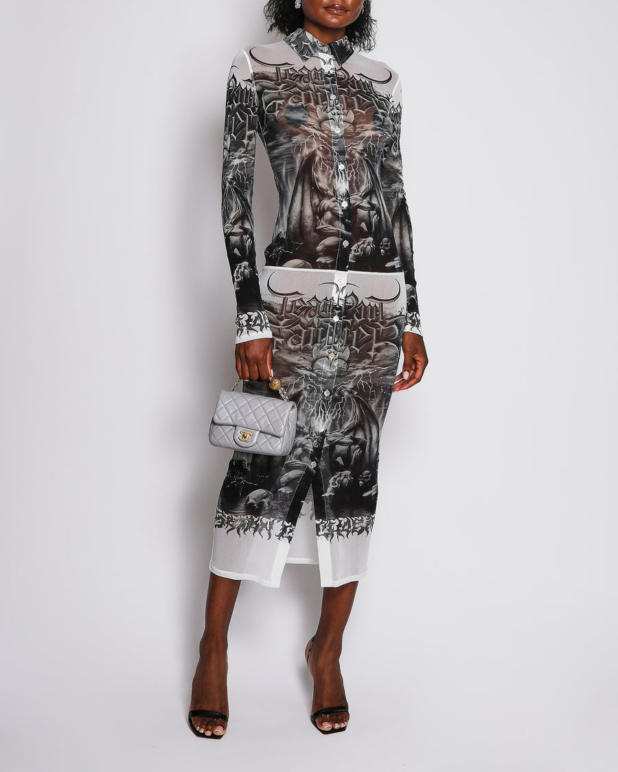 Jean Paul Gaultier Black Sheer Long-Sleeve Maxi Dress with Graphic Print Size M (UK 10)