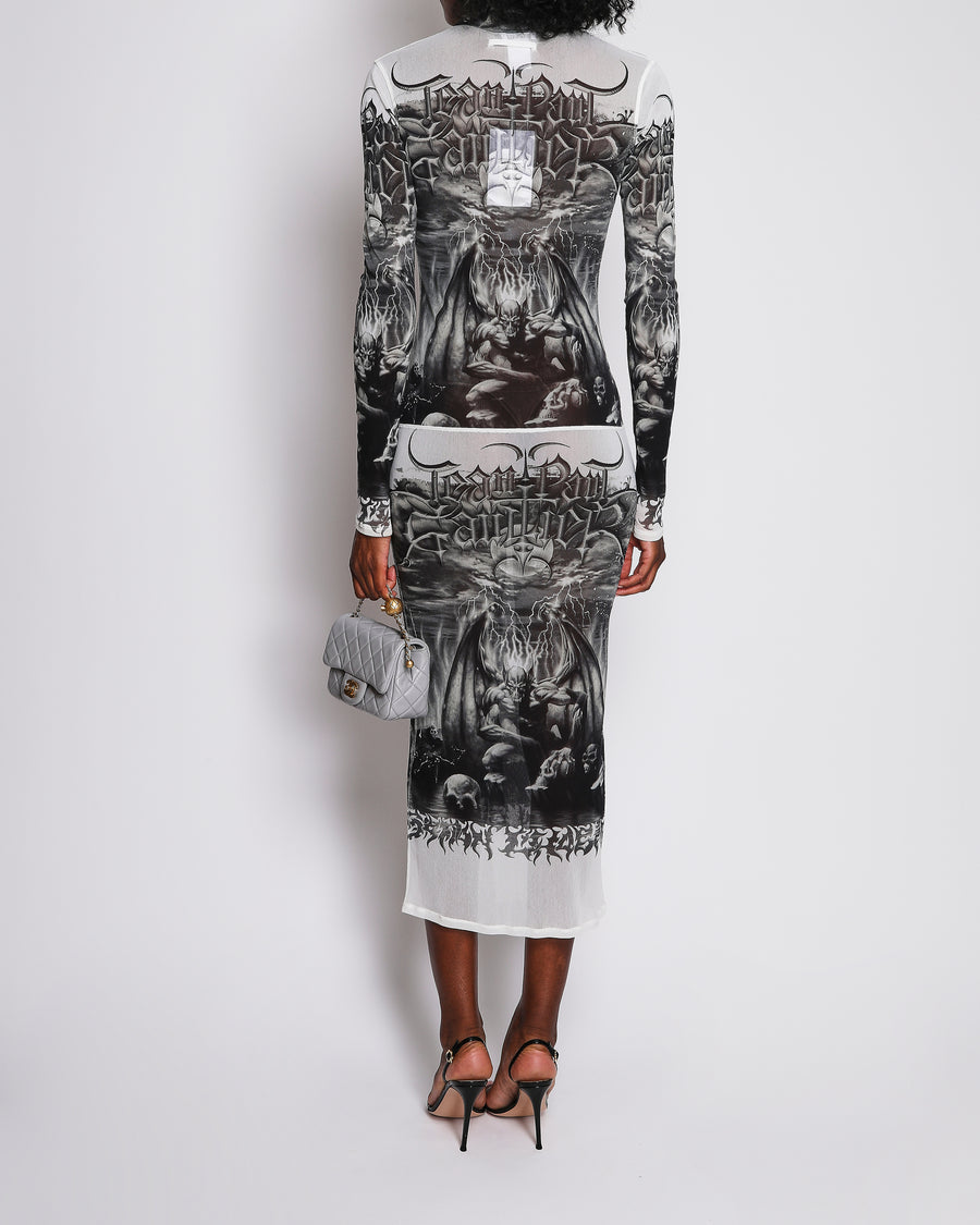 Jean Paul Gaultier Black Sheer Long-Sleeve Maxi Dress with Graphic Print Size M (UK 10)