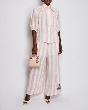 Zimmermann Acacia Pink and White Stripped Mid-Sleeve Shirt with Tie Detail and Long Wide Leg Trouser Set with Graphic Logo Detail Size 2 (UK 12) RRP £1,150