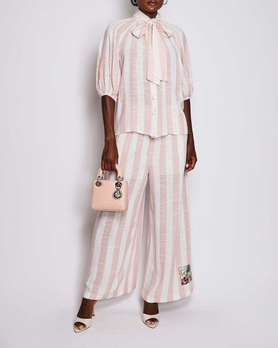 Zimmermann Acacia Pink and White Stripped Mid-Sleeve Shirt with Tie Detail and Long Wide Leg Trouser Set with Graphic Logo Detail Size 2 (UK 12) RRP £1,150