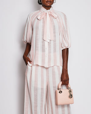 Zimmermann Acacia Pink and White Stripped Mid-Sleeve Shirt with Tie Detail and Long Wide Leg Trouser Set with Graphic Logo Detail Size 2 (UK 12) RRP £1,150