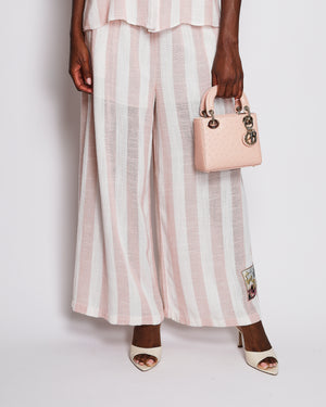Zimmermann Acacia Pink and White Stripped Mid-Sleeve Shirt with Tie Detail and Long Wide Leg Trouser Set with Graphic Logo Detail Size 2 (UK 12) RRP £1,150