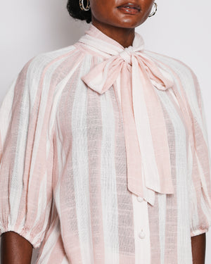 Zimmermann Acacia Pink and White Stripped Mid-Sleeve Shirt with Tie Detail and Long Wide Leg Trouser Set with Graphic Logo Detail Size 2 (UK 12) RRP £1,150