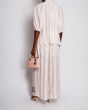Zimmermann Acacia Pink and White Stripped Mid-Sleeve Shirt with Tie Detail and Long Wide Leg Trouser Set with Graphic Logo Detail Size 2 (UK 12) RRP £1,150