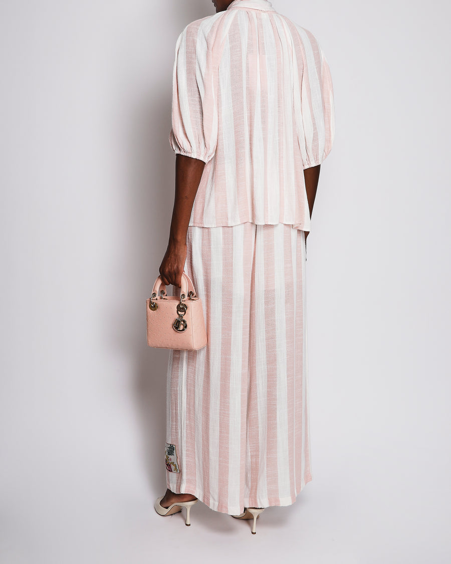 Zimmermann Acacia Pink and White Stripped Mid-Sleeve Shirt with Tie Detail and Long Wide Leg Trouser Set with Graphic Logo Detail Size 2 (UK 12) RRP £1,150