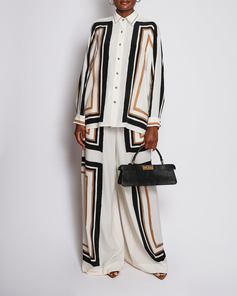 Zimmermann Cream, Black and Brown Blouse and Silk Trouser Set with Geometric Print Design Size 0/2 (UK 8/12)
