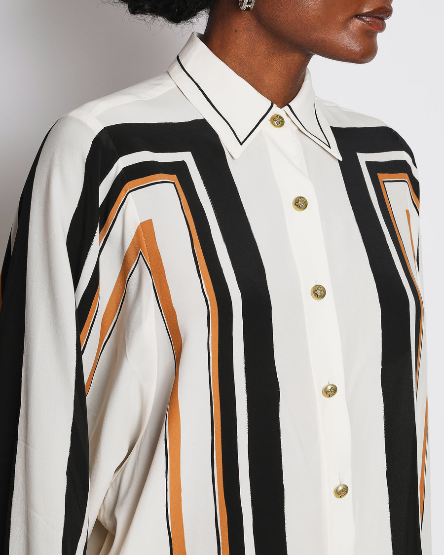 Zimmermann Cream, Black and Brown Blouse and Silk Trouser Set with Geometric Print Design Size 0/2 (UK 8/12)