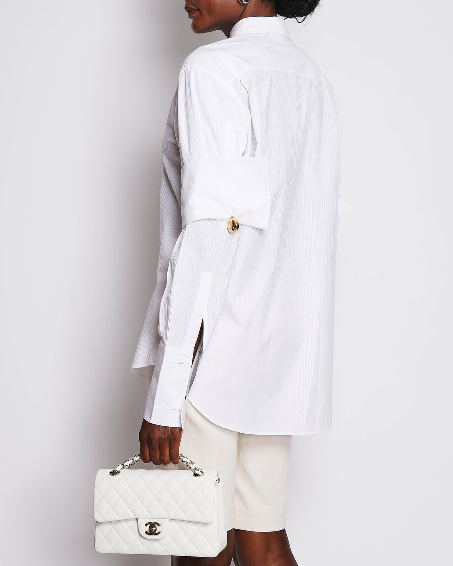 Loewe White Pinstripe Shirt with Gold Details on Sleeve Size FR 34 (UK 6)