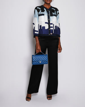 Chanel 20/S Blue Collarless Button Down Silk Panelled Jacket with CC Logo Button Detail Size FR 36 (UK 8)