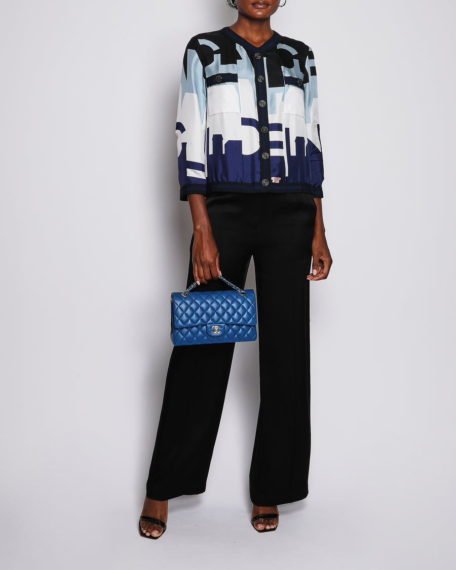 Chanel 20/S Blue Collarless Button Down Silk Panelled Jacket with CC Logo Button Detail Size FR 36 (UK 8)