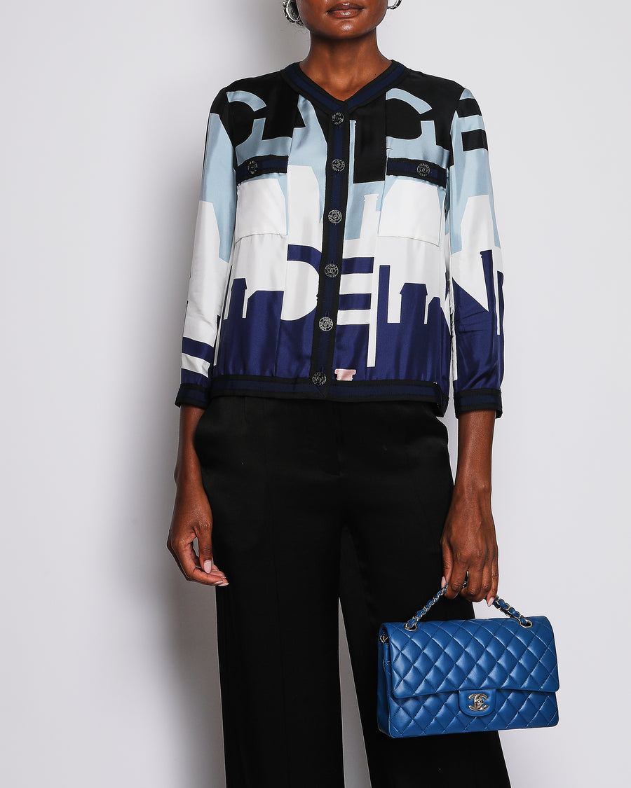 Chanel 20/S Blue Collarless Button Down Silk Panelled Jacket with CC Logo Button Detail Size FR 36 (UK 8)