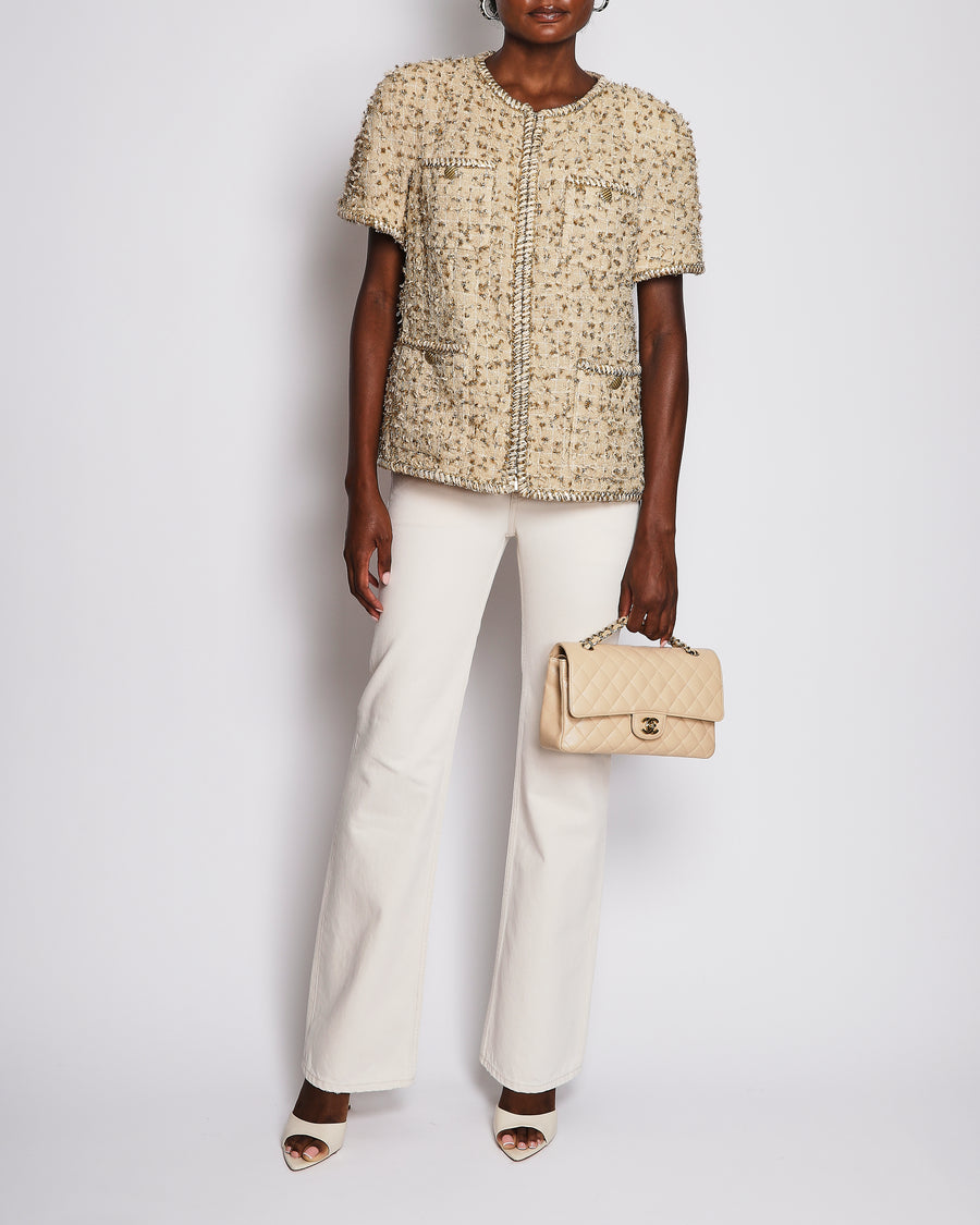 Chanel Beige Short-sleeve Jacket with Gold and Braided Trim Detail Size FR 44 (UK 16)