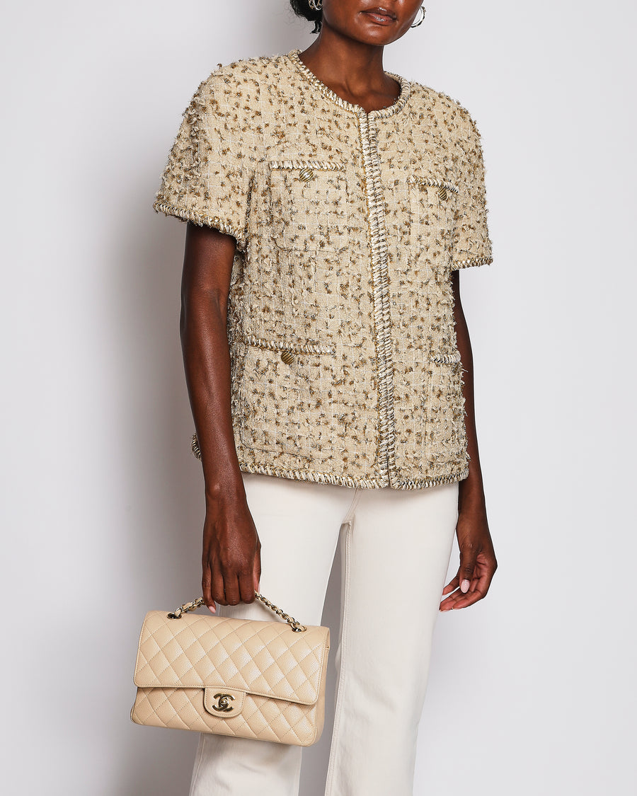 Chanel Beige Short-sleeve Jacket with Gold and Braided Trim Detail Size FR 44 (UK 16)
