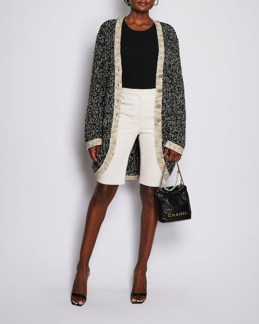 Chanel Black Bouclé Cardigan with Pockets and Gold Trim Detail Size FR 44 (UK 16)