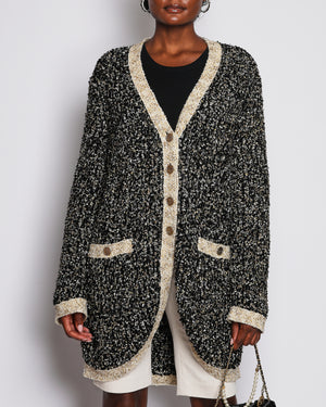 Chanel Black Bouclé Cardigan with Pockets and Gold Trim Detail Size FR 44 (UK 16)