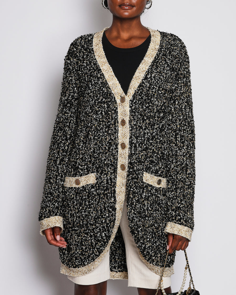 Chanel Black Bouclé Cardigan with Pockets and Gold Trim Detail Size FR 44 (UK 16)