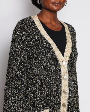 Chanel Black Bouclé Cardigan with Pockets and Gold Trim Detail Size FR 44 (UK 16)